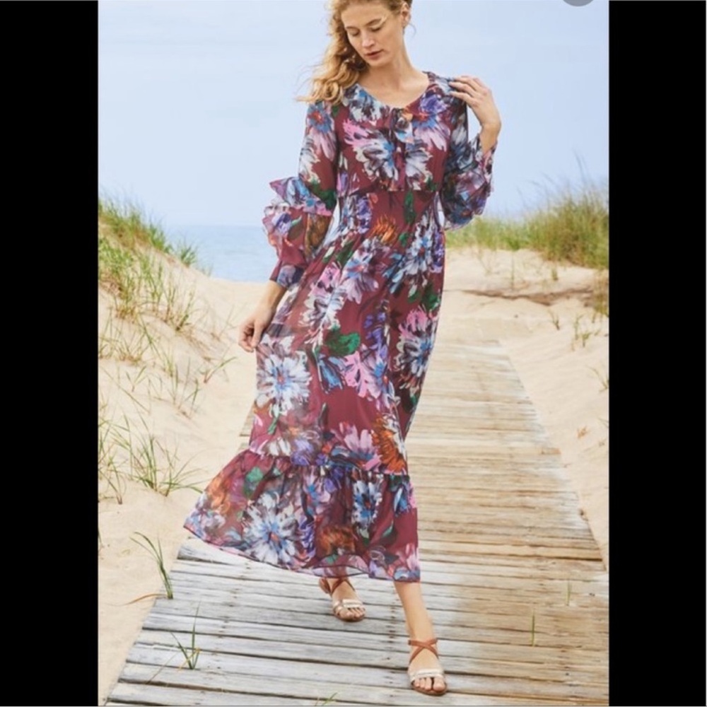 Soft Surroundings Multicolor Floral Long Sleeve Dress. Petite